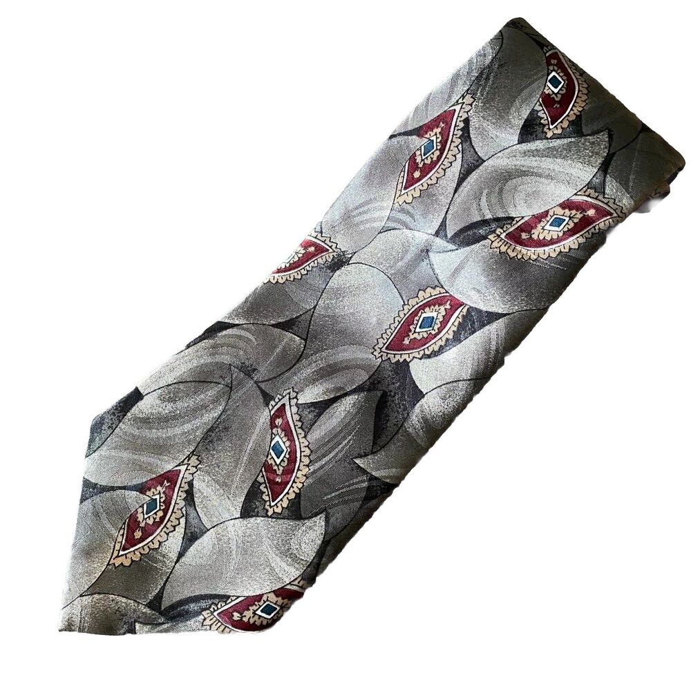 John Weitz Men's Gray Burgundy Geometric Satin NeckTie 56" x 3.75" Made In USA